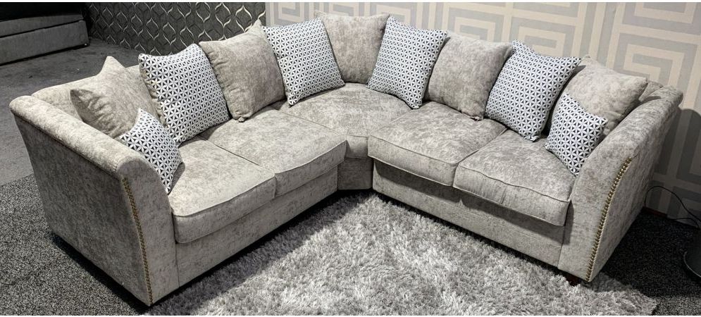Holly Light Grey 2c2 Fabric Pillow Back Corner Sofa With Studded Arms | Leather  Sofa World Intended For Pillowback Sofa Sectionals (Gallery 12 of 20)