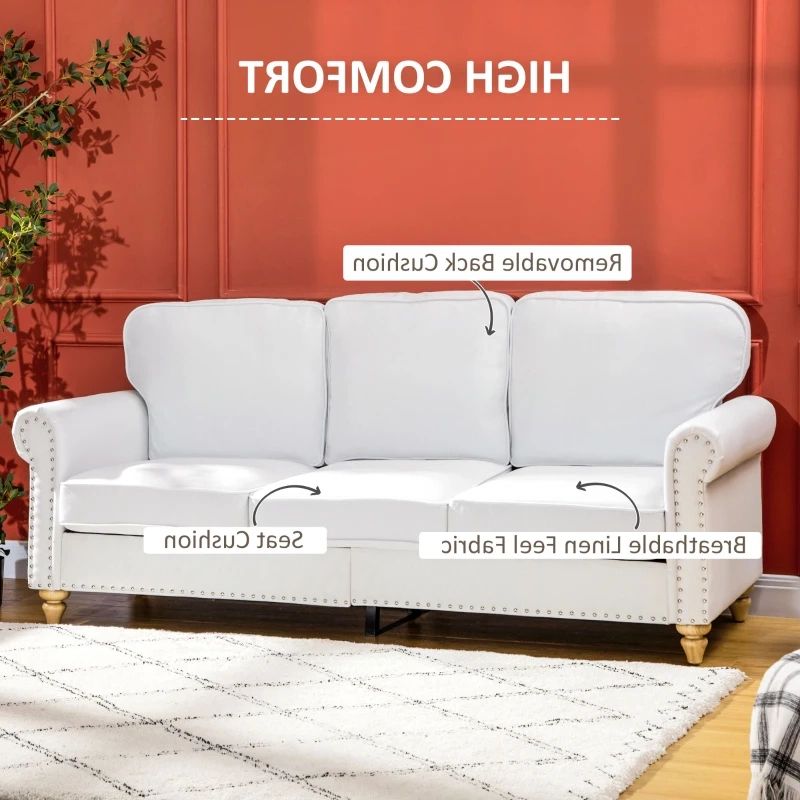 Homcom 3 Seater Sofa Couch, 81" Modern Linen Fabric Sofa With Rubberwood  Legs, Studded Trim And Rolled Arms For Living Room, Bedroom And Apartment,  White | Aosom Canada Inside Modern Linen Fabric Sofa Sets (View 18 of 20)