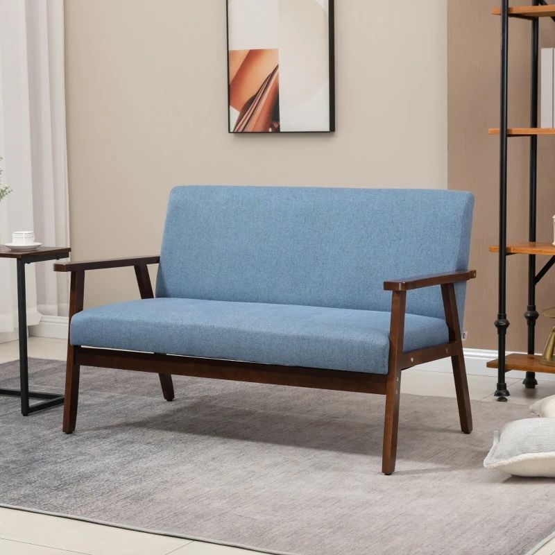 Homcom Compact Loveseat Sofa Couch Linen Fabric Double Seat Sofa With  Rubber Wood Frame Blue | Aosom Canada In Couches Love Seats With Wood Frame (Gallery 9 of 20)