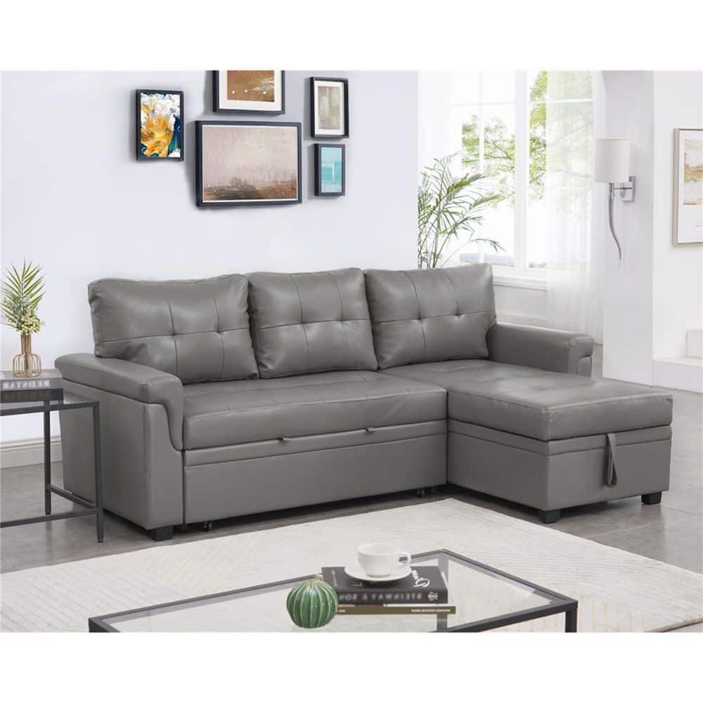 Homestock 78 In W Gray, Reversible Air Leather Faux Leathersleeper  Sectional Sofa Storage Chaise Pull Out Convertible Sofa 18776hdn – The Home  Depot Throughout Convertible Sofa With Matching Chaise (Gallery 14 of 20)