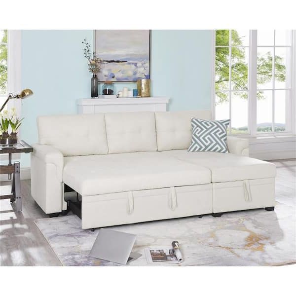 Homestock Cream Velvet Sectional Sleeper Sofa With Pull Out Bed, Reversible Sectional  Sofa Bed, L Shape Pull Out Couch Bed 99733 W – The Home Depot Regarding Chaise 3 Seat L Shaped Sleeper Sofas (View 10 of 20)