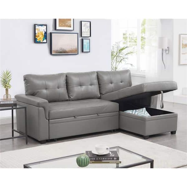Homestock Gray, Reversible Air Leather Sleeper Sectional Sofa Storage  Chaise 99320 – The Home Depot Within Sleeper Sofas With Storage (View 8 of 20)