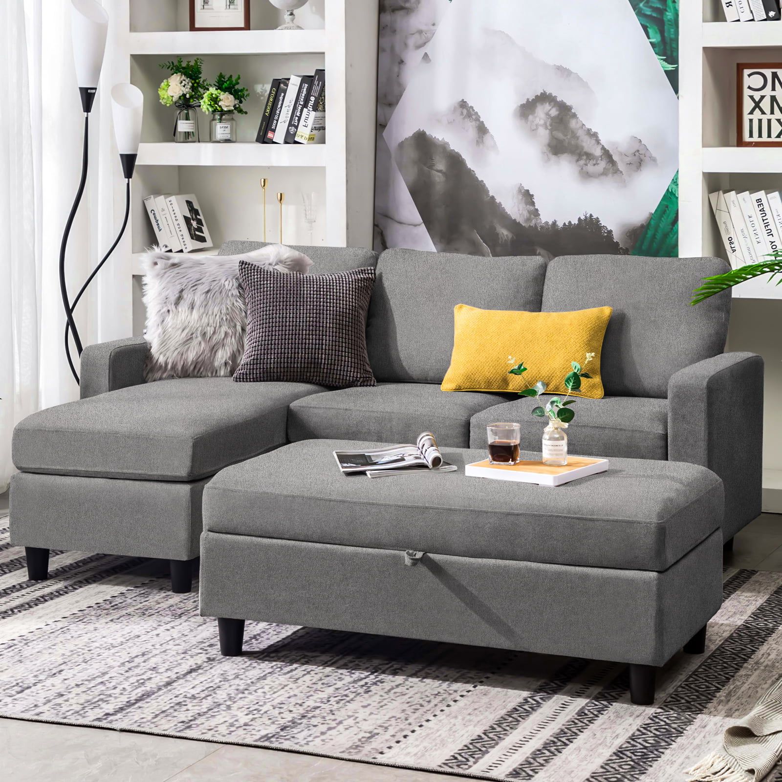Honbay Convertible Sectional Sofa Set L Shaped Couch With Chaise & Ottoman  For Small Spaces, Grey Polyester – Walmart Intended For L Shapped Apartment Sofas (View 3 of 20)
