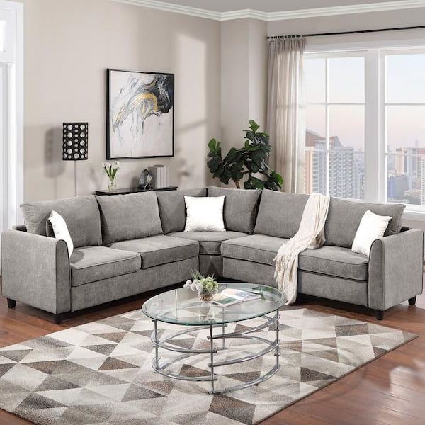 J&e Home 100 In. W Gray Scroll Arm 3 Piece Polyester Fabric L Shape 6 Seats  Sectional Sofa Couch With 3 Pillows Gd Gs005001aae – The Home Depot Pertaining To 6 Seater Sectional Couches (Gallery 20 of 20)