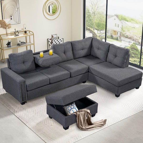 J&e Home 107.5 In. W Dark Gray Linen 6 Seats L Shaped Sectional Sofa With Storage  Ottoman And Cup Holders Gd W487s00036 – The Home Depot Intended For Sofas With Storage Ottoman (Gallery 9 of 20)
