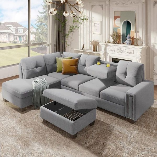 J&e Home 107.5 In. W Gray Linen 6 Seats L Shaped Sectional Sofa With Storage  Ottoman And Cup Holders Gd W487s00037 – The Home Depot With Sofas With Storage Ottoman (Gallery 14 of 20)
