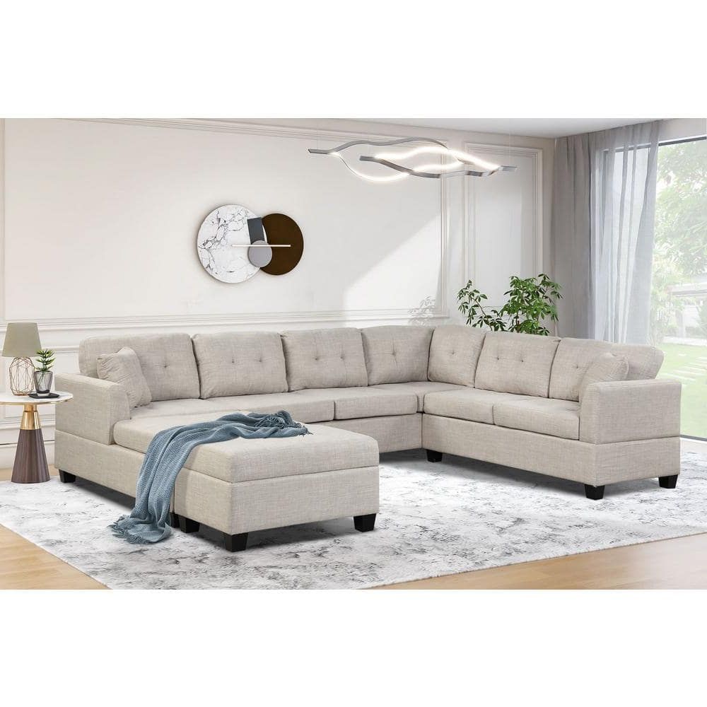 J&e Home 121.3 In. W Linen Square Arm 8 Seater U Shaped Oversized Sectional  Sofa With Storage Ottoman In Light Beige Gd Gs008367aae – The Home Depot Throughout Sofas With Storage Ottoman (Gallery 8 of 20)