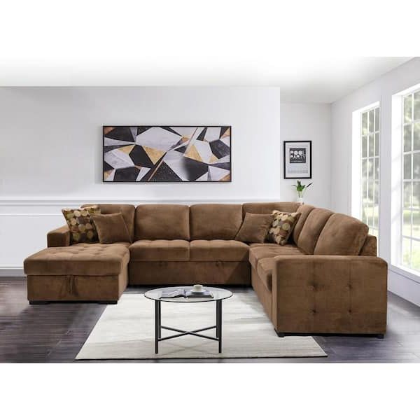 J&e Home 123.62 In. W 3 Piece Brown Linen L Shaped Sectional Sofa With Usb  Ports Gd Sg000227aaa – The Home Depot Regarding 3 Seat L Shape Sofa Couches With 2 Usb Ports (Gallery 6 of 20)