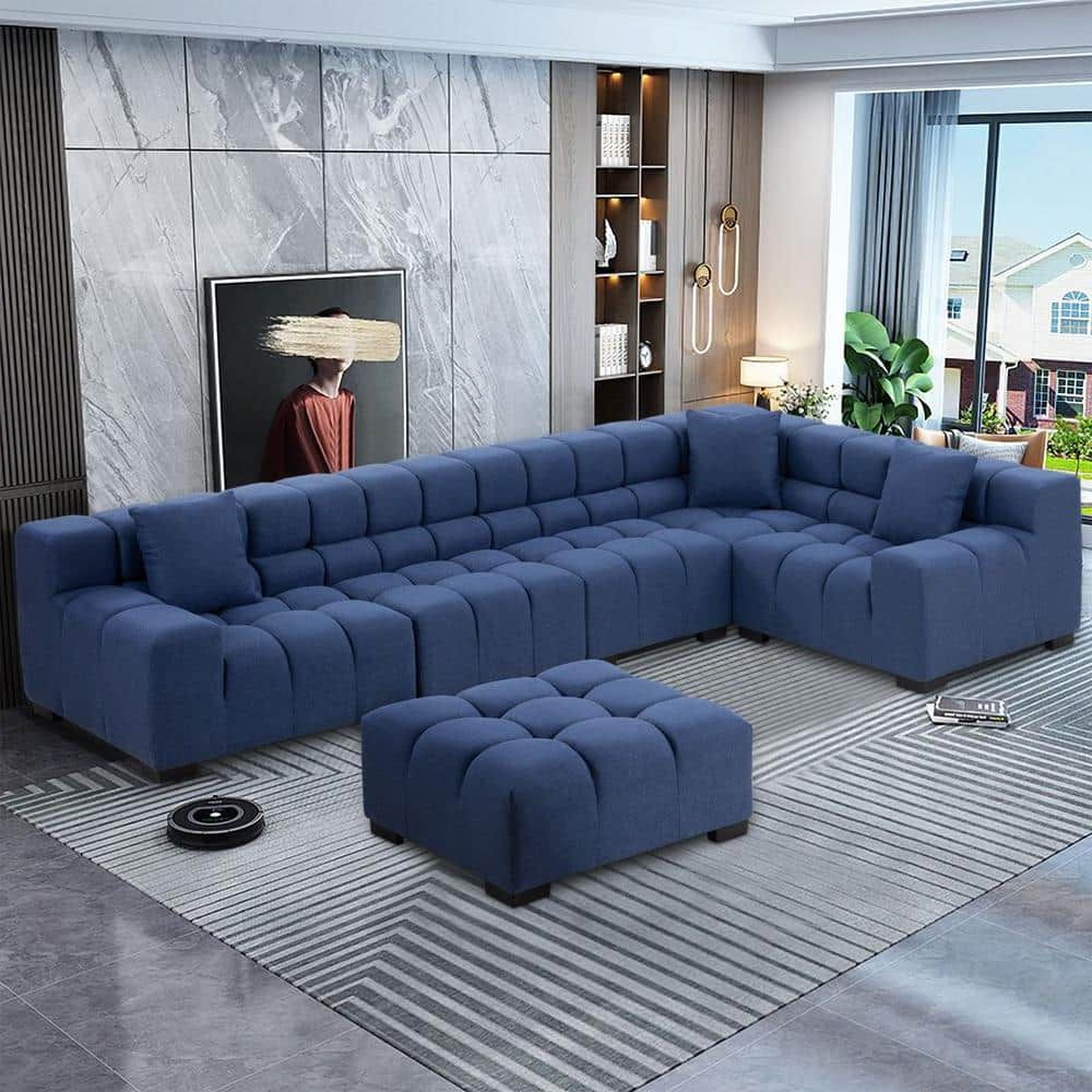 J&e Home 149.6 In. W Square Arm 3 Piece Linen L Shaped Reversible 7 Seater  Sectional Sofa With Ottoman In Blue Gd W487s00051 – The Home Depot In 7 Seater Sectional Couch With Ottoman And 3 Pillows (Gallery 5 of 20)