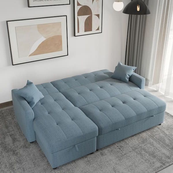 J&e Home 81.9 In. W Blue Cotton Queen Size 4 Seats Reversible Pull Out  Sleeper Sectional Storage Sofa Bed Je Sf2 Lv7047bl – The Home Depot For Pull Out Couch Beds (Gallery 10 of 20)
