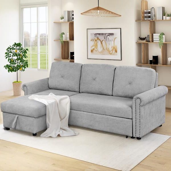 J&e Home 83 In. W Light Gray Velvet 3 Seater Full Size Sleeper Sofa Bed  With Storage Chaise Gd Wf285169aae – The Home Depot Intended For Convertible Sofa With Matching Chaise (Gallery 12 of 20)