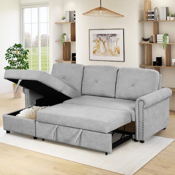 J&e Home 83 In. W Light Gray Velvet 3 Seater Full Size Sleeper Sofa Bed  With Storage Chaise Gd Wf285169aae – The Home Depot Within Convertible Sofas With Matching Chaise (Gallery 16 of 20)