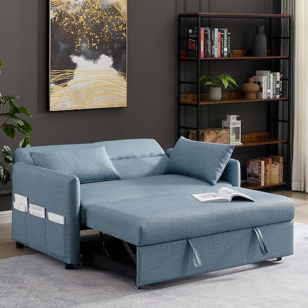 Kinwell 57 In. Blue Modern Convertible Full Size Pull Out Faux Leather Sleeper  Sofa Bed Reclining With Adjustable Backrest Bsc087 Bu – The Home Depot For Pull Out Couch Beds (Gallery 3 of 20)