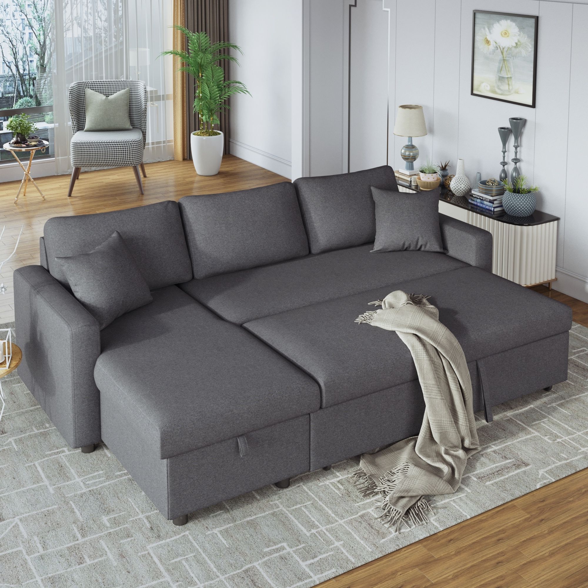 L Shape Sectional Sofa Modern Convertible Upholstered Twin Sofa Bed Sleeper  With Storage Sofa Chaise And 2 Tossing Cushions – – 36781665 Intended For U Shaped Sectional Sofa With Pull Out Bed (View 17 of 20)