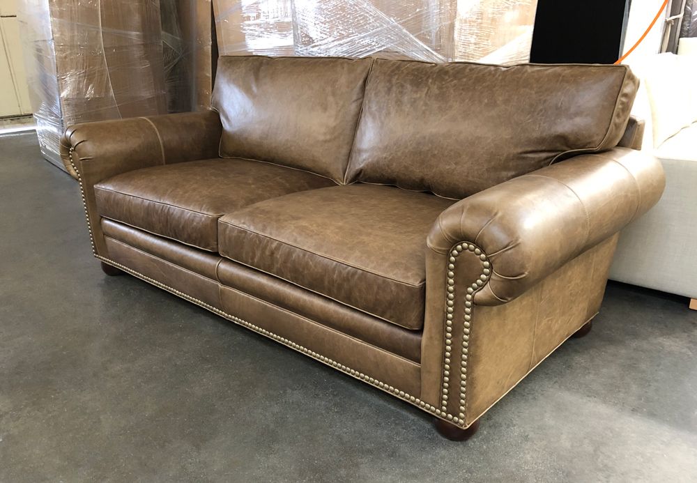 Langston Leather Sofa In Italian Berkshire Burlap With Nail Head Trim – 88″  X 43″ | Leather Furniture At Leathergroups With Regard To Sofas With Nailhead Trim (Gallery 13 of 20)