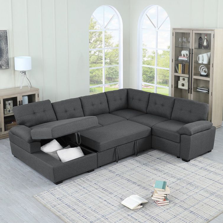Latitude Run® Aine 118" Wide Fabric Sectional Sleeper Sofa (pull Out Bed)  With Storage Chaise & Reviews | Wayfair With Regard To Sectional Sofa With Storage (Gallery 1 of 20)