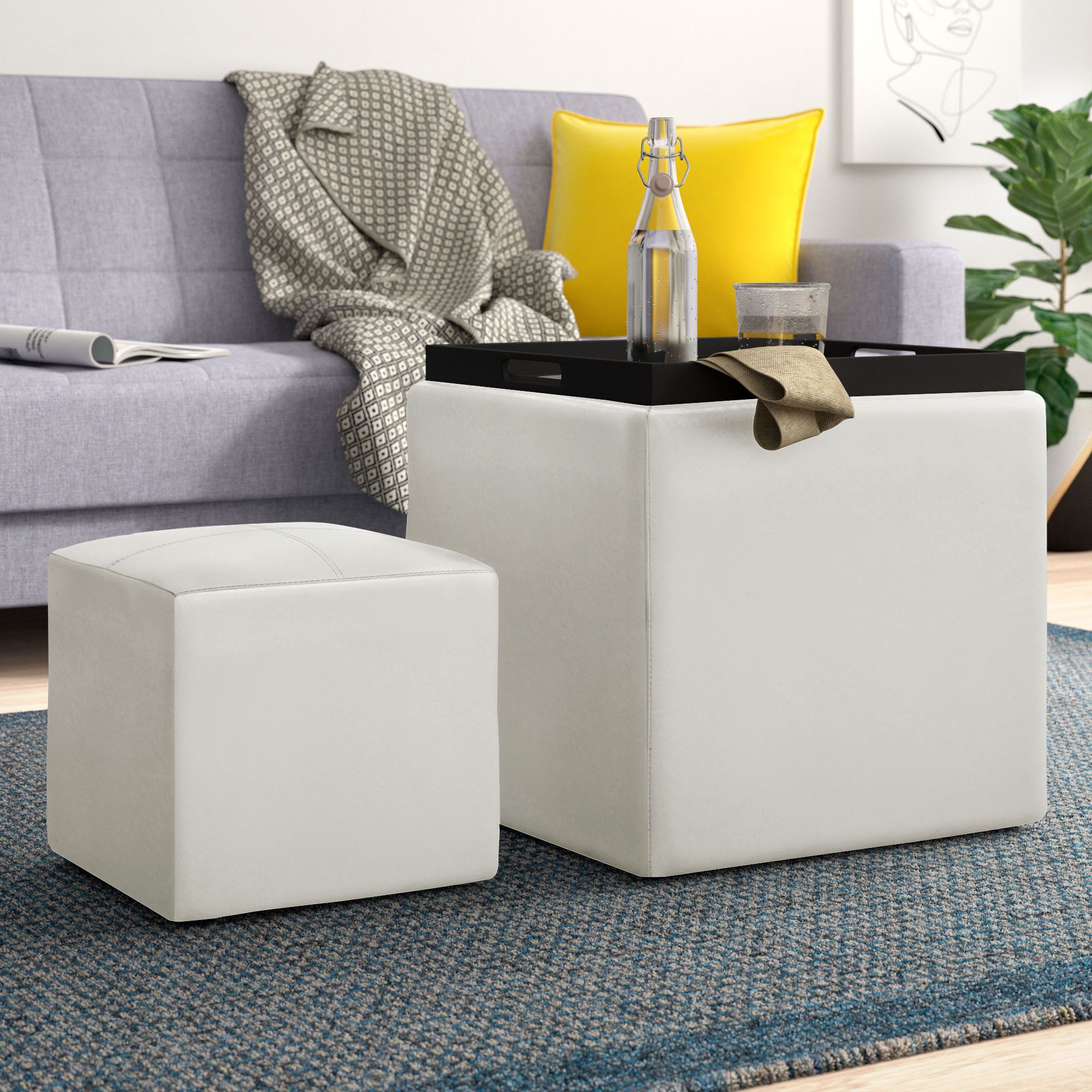 Latitude Run® Marla Square Ottoman With Stool And Reversible Tray & Reviews  | Wayfair Intended For Sofa Set With Storage Tray Ottoman (Gallery 17 of 20)