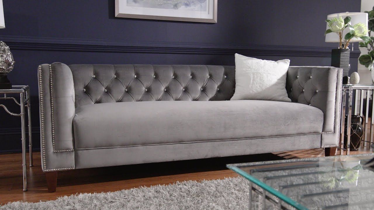 Layla Light Grey Velvet Sofa Love Seat Chair With Nailhead Triminspire  Q Bold – Youtube With Regard To Light Gray Velvet Sofas (View 14 of 20)