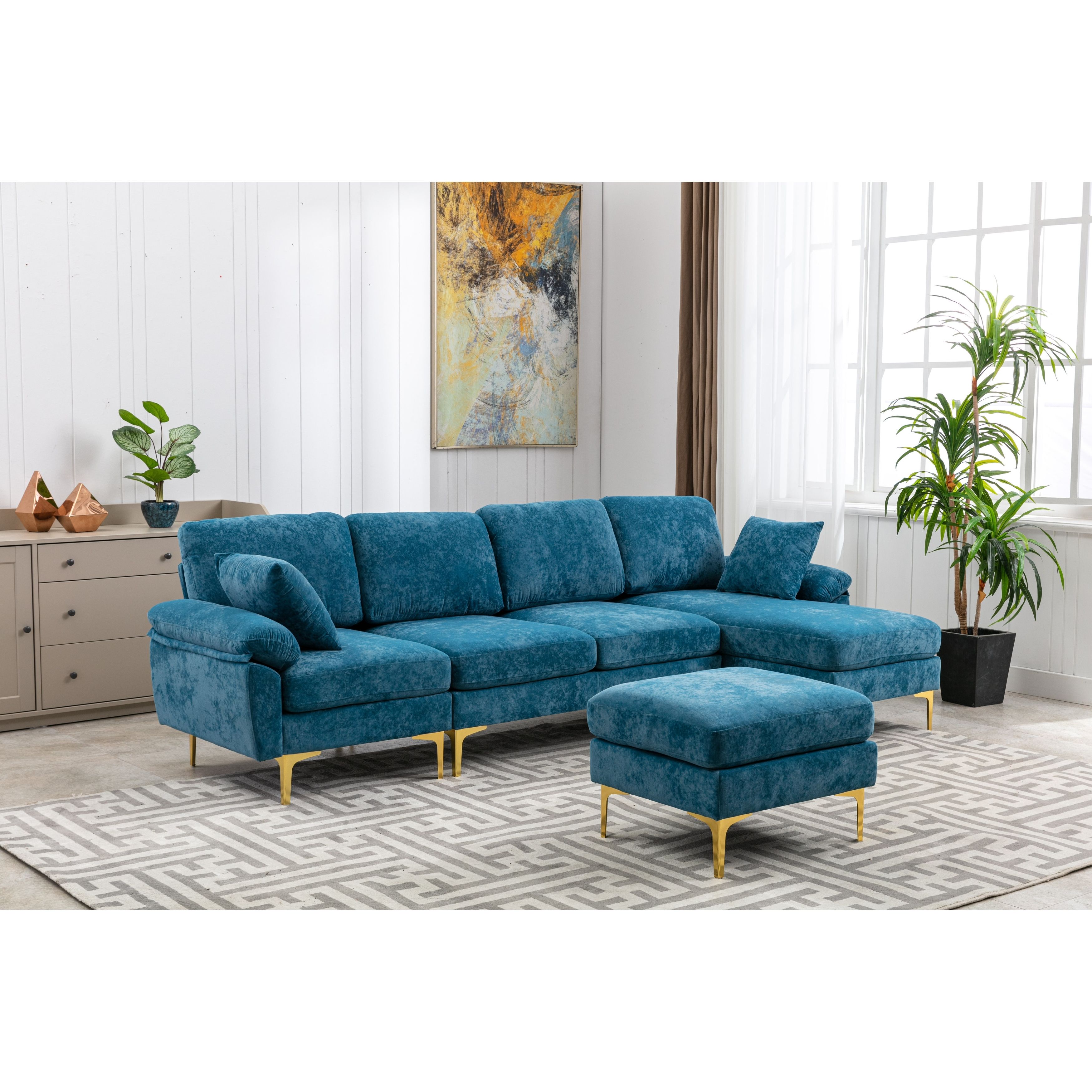 Living Room Sectional Sofa, L Shaped Upholstered Couch With Movable Ottoman,  Convertible Modular Sofa With Gold Metal Legs – – 36690154 Regarding Sectional Sofas With Movable Ottoman (Gallery 8 of 20)