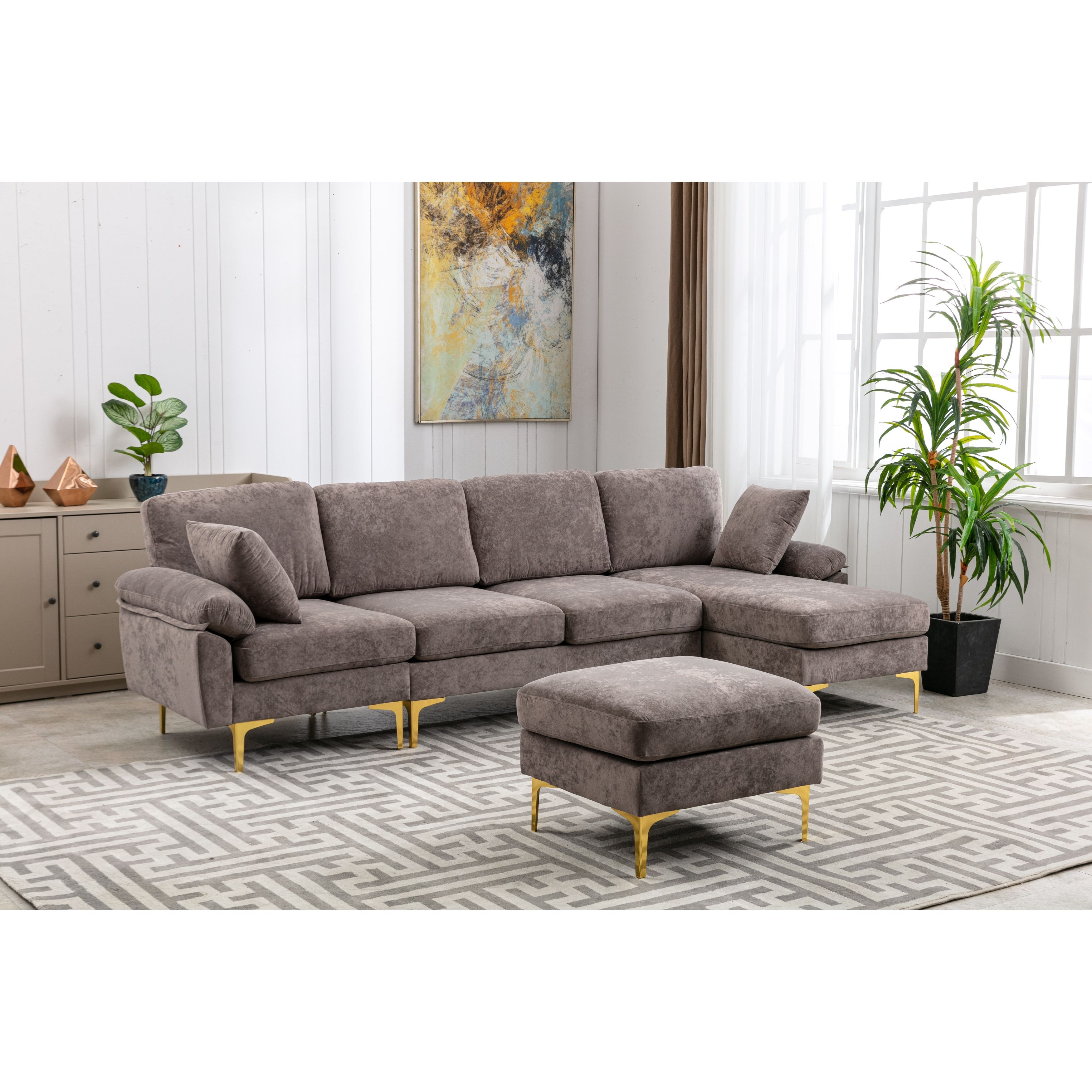 Living Room Sectional Sofa, L Shaped Upholstered Couch With Movable Ottoman,  Convertible Modular Sofa With Gold Metal Legs – On Sale – – 36876876 Throughout Sectional Sofas With Movable Ottoman (Gallery 16 of 20)
