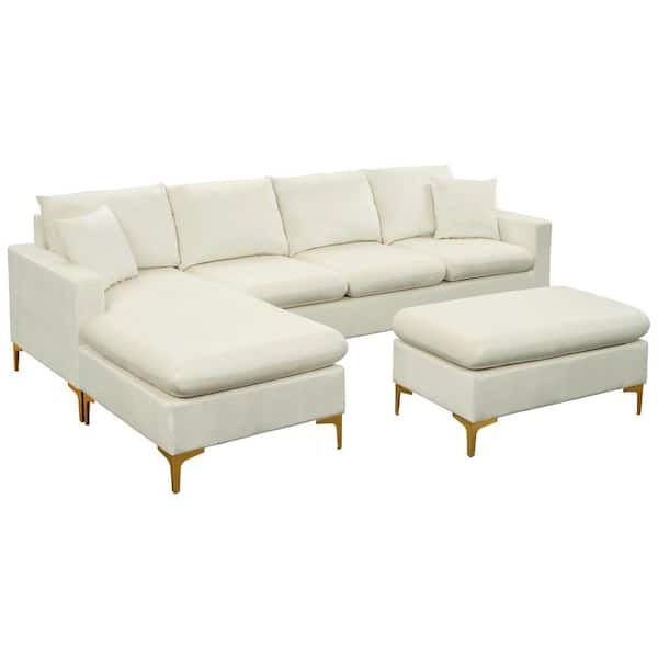 Magic Home 110.6 In. Velvet L Shape Sectional Sofa Couch With Ottoman And 2  Pillows For Living Room Apartment, Cream White Cs Gs006096aae – The Home  Depot For L Shapped Apartment Sofas (Gallery 5 of 20)