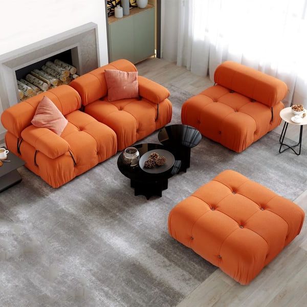 Magic Home 113.4 In. Flared Arm Teddy Velvet 4 Wide Seats Tufted Rectangle Sectional  Sofa Couch With Ottoman, Orange Cs W579s00011 – The Home Depot Inside Sectional Sofas With Ottomans And Tufted Back Cushion (Gallery 18 of 20)