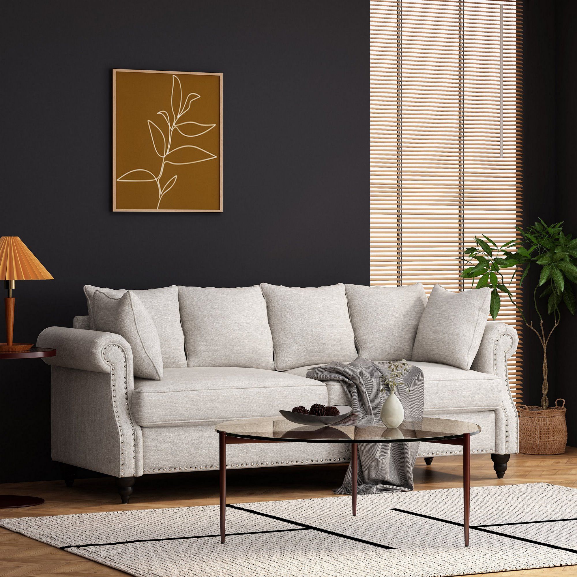 Manbow Contemporary Fabric Pillowback 3 Seater Sofa With Nailhead Trim,  Beige And Dark Brown Intended For Pillowback Sofa Sectionals (Gallery 8 of 20)