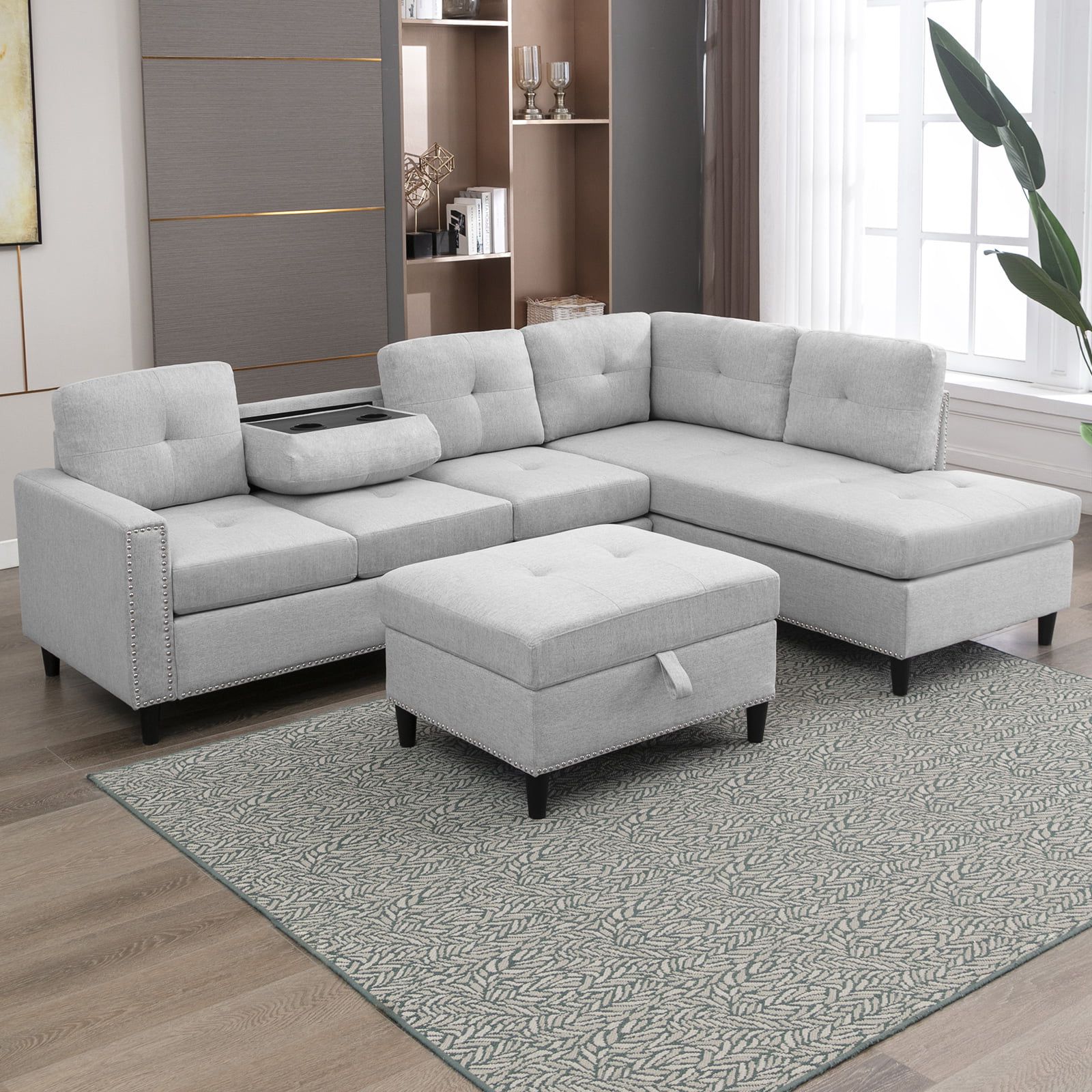 Mjkone L Shaped Sectional Sofa With Left Hand Facing Chaise,free Combination  Ottoman, Modular Sectional Sofa With Rivet Trim,upholstered Sofa Couches  For Living Room,light Grey – Walmart With Free Combination Sectional Couches (View 7 of 20)