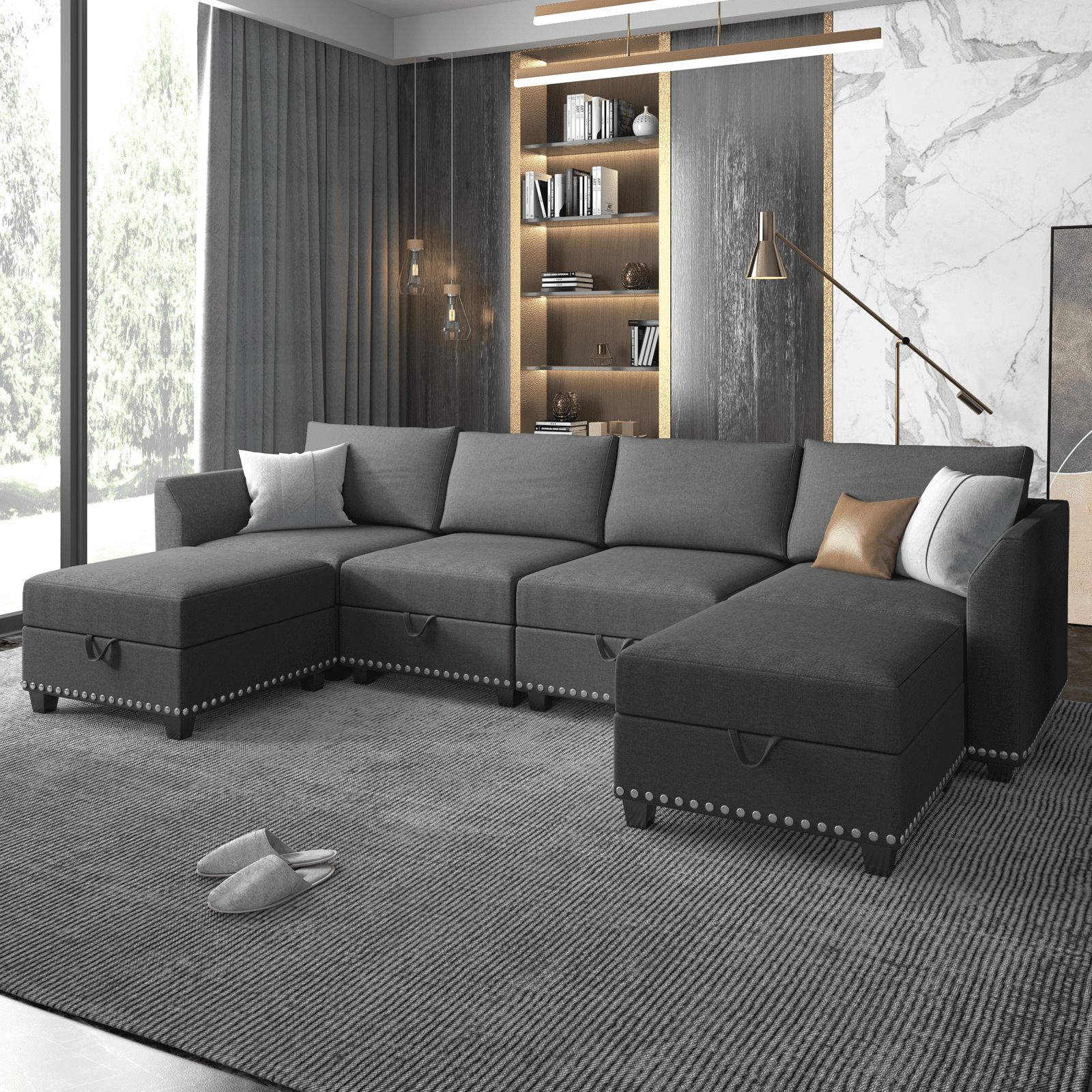 Mjkone U Shaped Sectional Sofa With Storage, 6 Seater Modular Sectional Sofa  With Nailhead Trim, Oversized Sleeper Sofa Couch Bed, Convertible Couches  For Living Room,free Combination (dark Grey） – Walmart Within 6 Seater Sectional Couches (View 11 of 20)