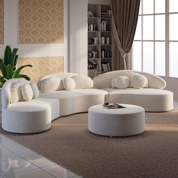 Modern 7 Seat Sofa Curved Sectional Modular Beige Velvet Upholstered With  Ottoman Homary With 7 Seater Sectional Couch With Ottoman And 3 Pillows (Gallery 17 of 20)