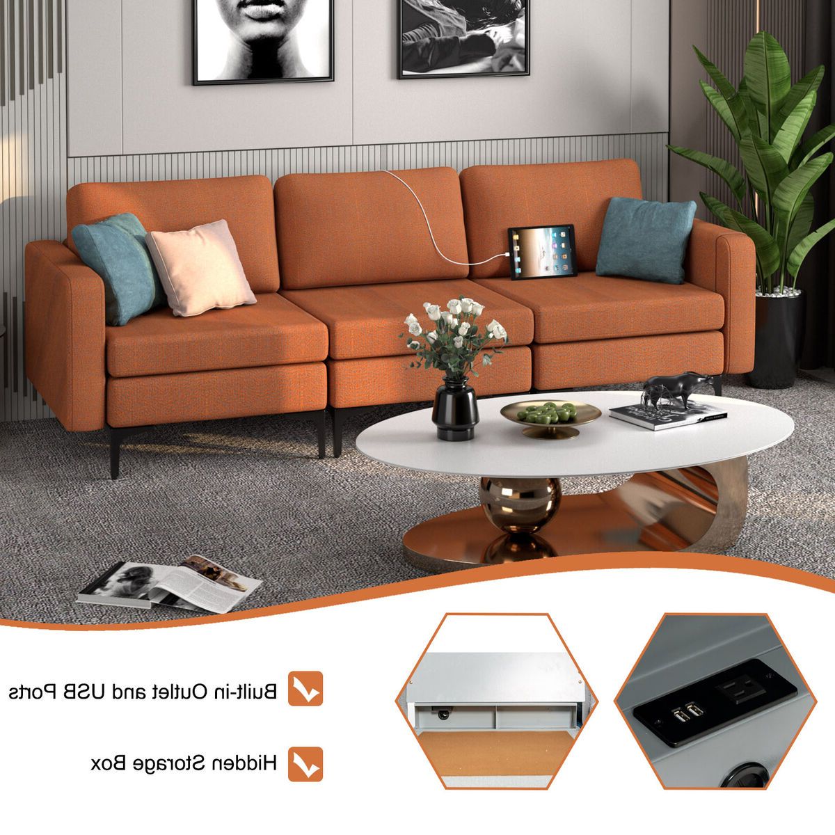 Modular L Shaped 3 Seat Sofa Couch W/ Seat Cushion & Socket & 2 Ubs  Ports Orange | Ebay Within 3 Seat L Shape Sofa Couches With 2 Usb Ports (Gallery 16 of 20)