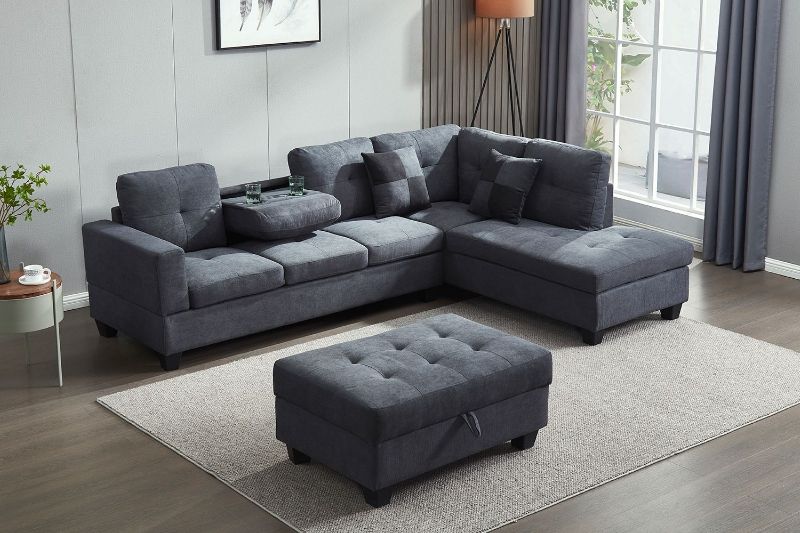Nebula Sectional Sofa With Storage Ottoman & Drop Down Console (dark  Grey) Ifurniture The Largest Furniture Store In Edmonton. Carry Bedroom  Furniture, Living Room Furniture,sofa, Couch, Lounge Suite, Dining Table  And Chairs And Patio Furniture With Regard To Sofas With Storage Ottoman (Gallery 1 of 20)
