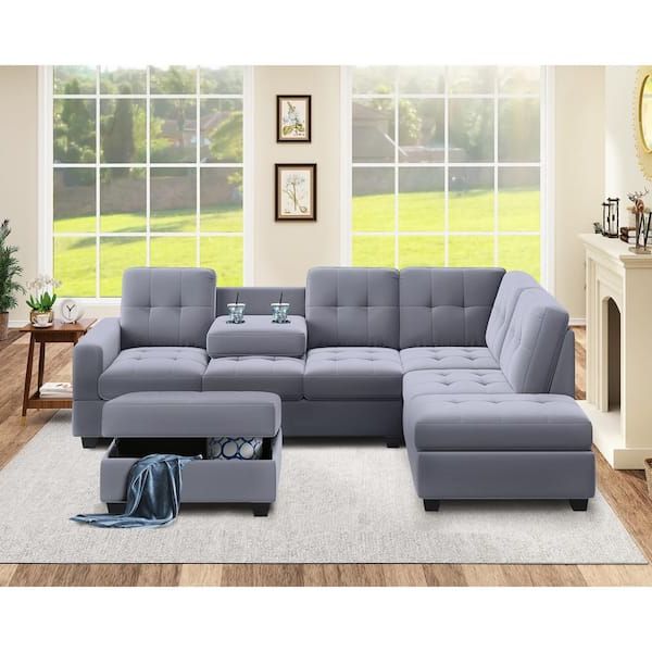 Nestfair 112 In. Square Arm 3 Piece L Shaped Velvet Upholstered Sectional  Sofa In Gray With Storage Ottoman S10082a – The Home Depot With Regard To Upholstered Modular Couches With Storage (Gallery 10 of 20)