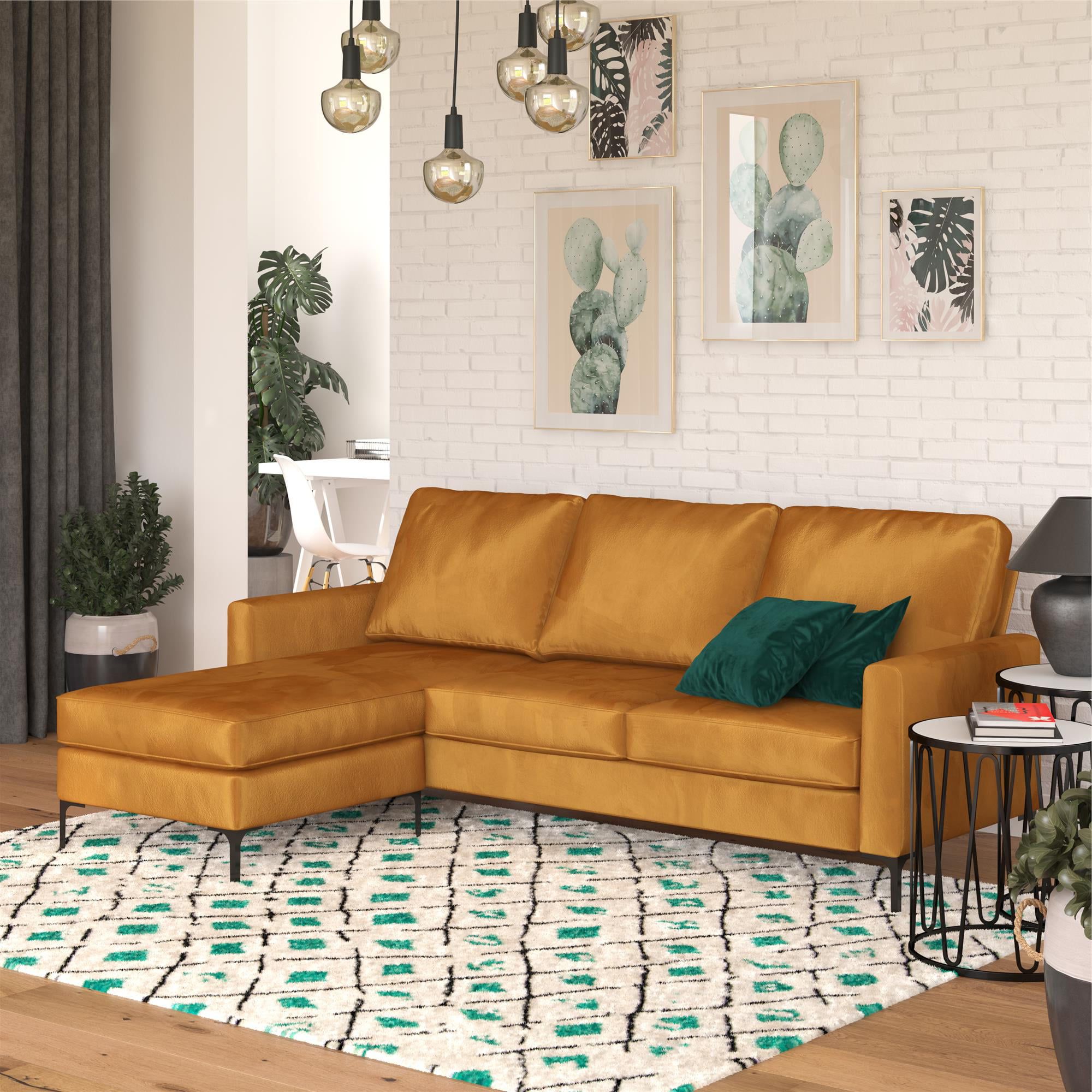 Novogratz Chapman Reversible Sectional Sofa And Floating Ottoman With Black  Metal Legs, Rust Velvet – Walmart In Floating Ottomans (View 18 of 20)