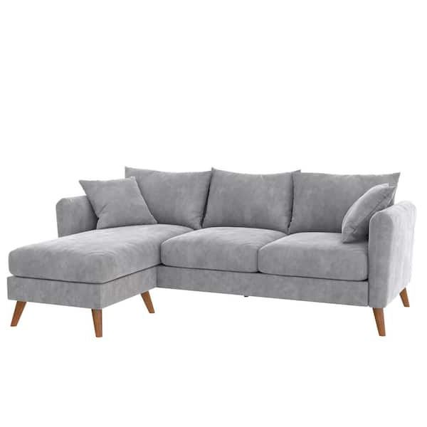 Novogratz Magnolia 84 In. Rounded Arm 1 Piece Velvet L Shaped Reversible  Sectional Sofa In Light Gray W/pocket Coils And Pillows Da2006379n – The  Home Depot With Regard To Light Gray Velvet Sofas (Gallery 11 of 20)
