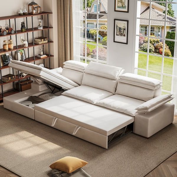 Off White Microfibres Reversible Sleeper Sectional Sofa With Chaise Pull  Out Sofa Bed Homary Pertaining To Reversible Pull Out Sofa Couches (View 7 of 20)