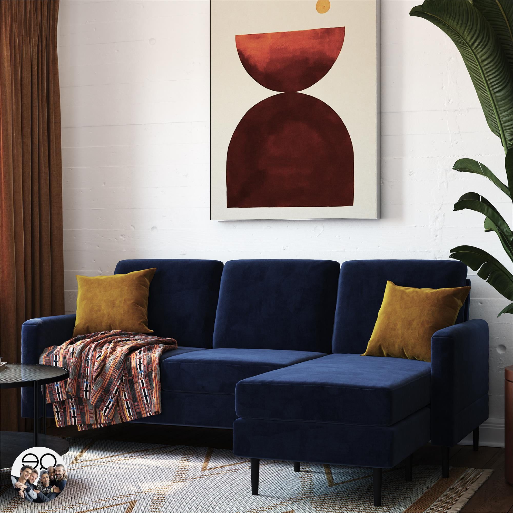 Queer Eye Wimberly Pillowback Sofa Sectional, Blue Velvet – Walmart For Pillowback Sofa Sectionals (View 3 of 20)