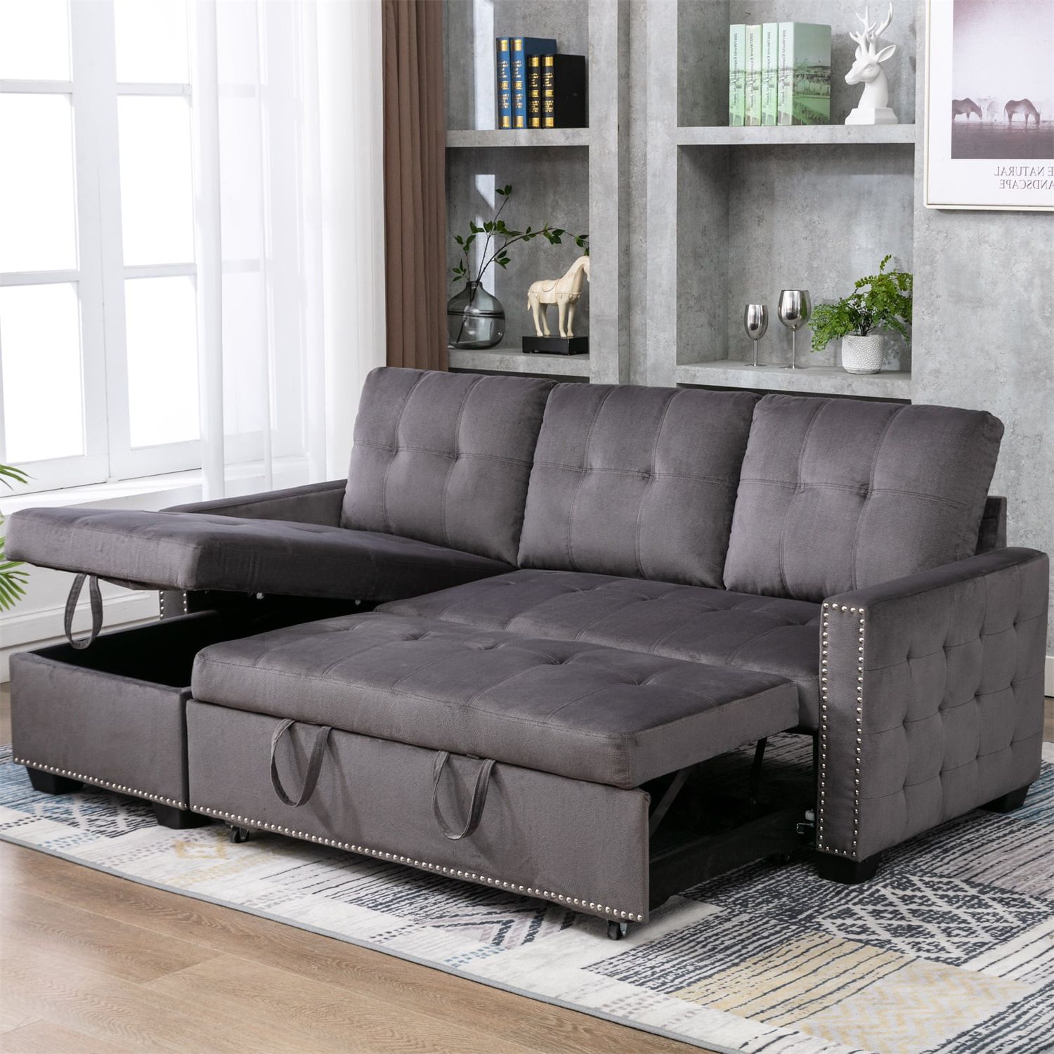 Resenkos Velvet Fabric 77" Pull Out Sleeper Sofa Bed With Storage Chaise, 3 Seat  L Shaped Sectional Sofa Couch For Living Room/small Space, Dark Grey –  Walmart Inside Chaise 3 Seat L Shaped Sleeper Sofas (Gallery 1 of 20)