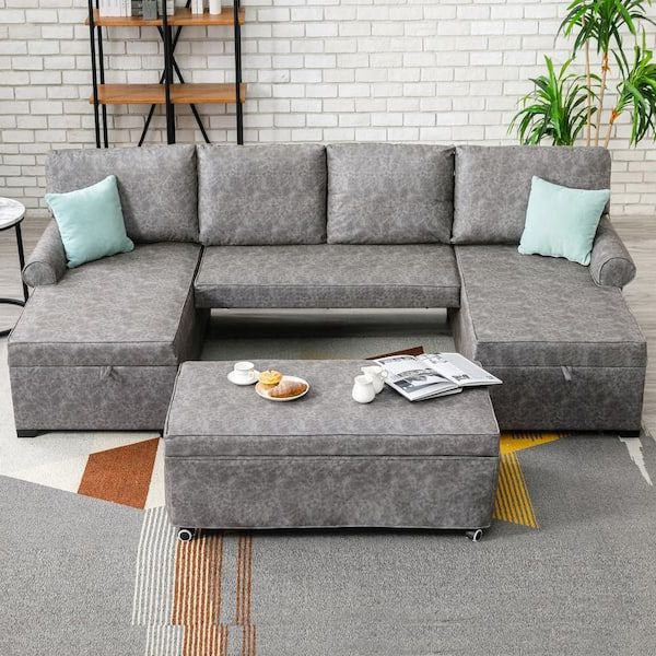 Seafuloy 108.75 In. W Gray Pull Out U Shaped Fabric Storage Sofa Bed With  2 Chaise C Gs000053aae – The Home Depot Intended For U Shaped Sectional Sofa With Pull Out Bed (Gallery 7 of 20)