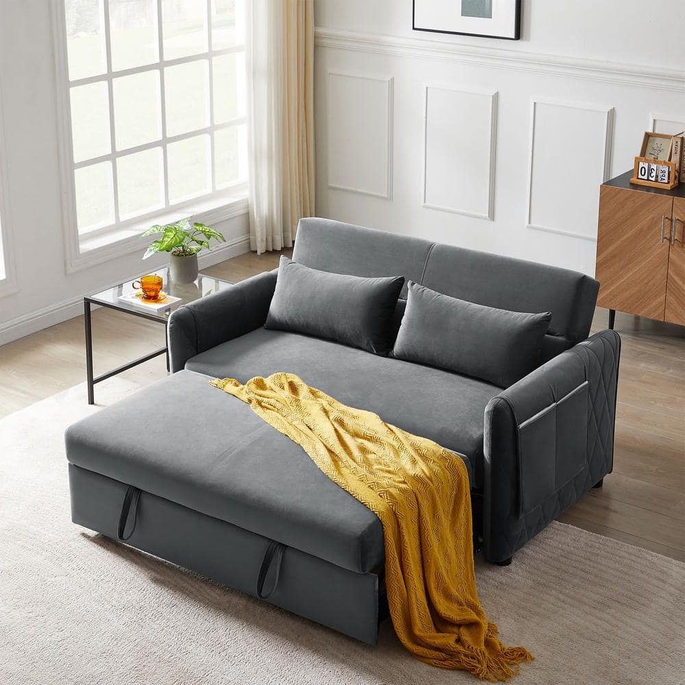 Seafuloy 55 In. Width Gray Velvet Twin Sofa Bed With Adjustable Backrest  And 2 Pillows W1193s00004 1 – The Home Depot With Oversized Sleeper Sofa Couch Beds (Gallery 9 of 20)