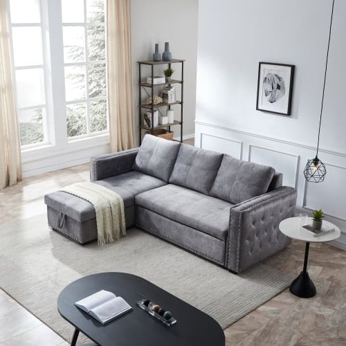 Sectional Sofa Couch With Storage Chaise, L Shaped Pull Out Sofa Sleeper  With Reversible Chaise, Tufted Armrest And Padded Cusions, Velvet  Upholstered | Electricmall (View 15 of 20)