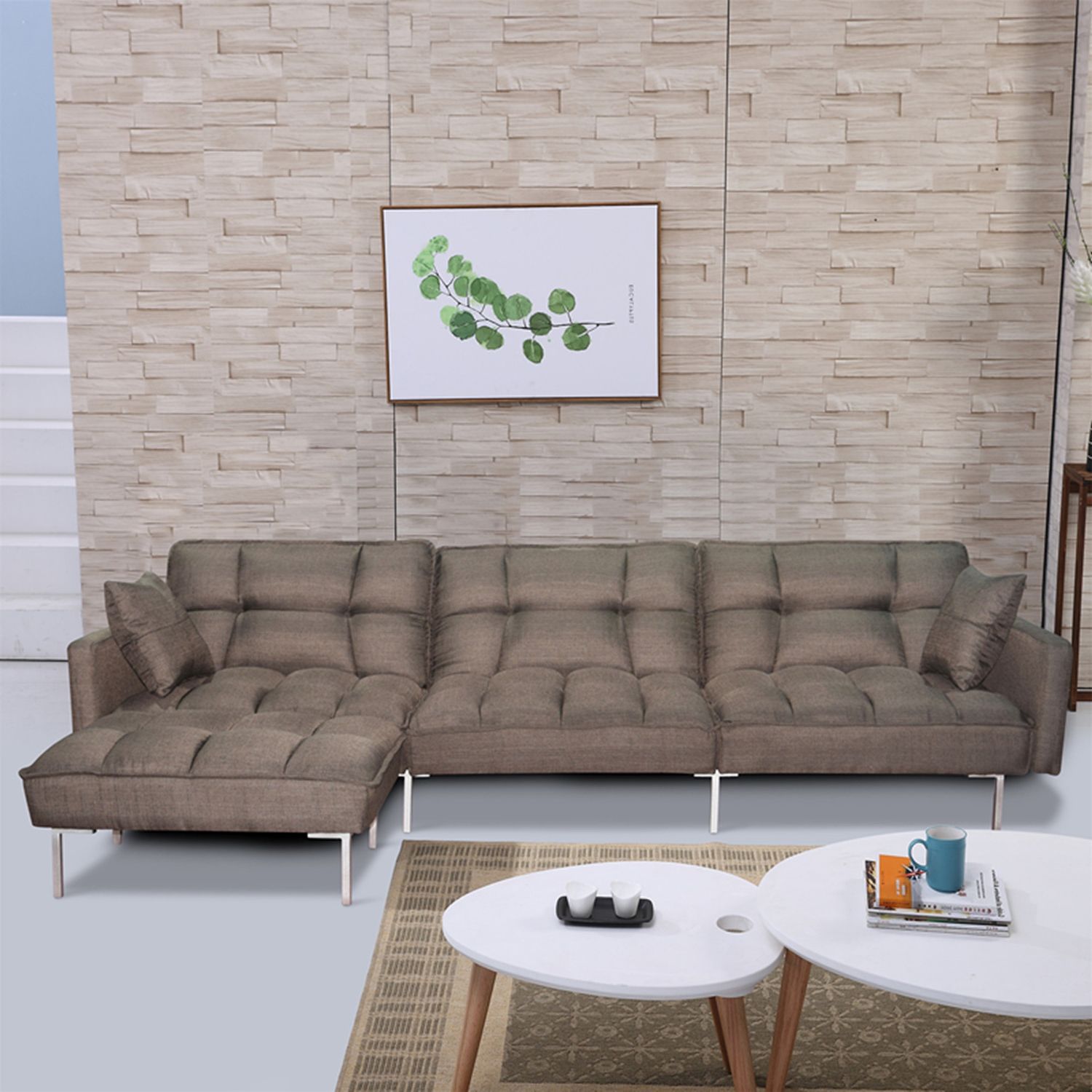 Sectional Sofa With 2 Pillows And Reversible Ottoman, L Shaped Futon Sofa  Bed With Adjustable Backrest & Metal Legs Modern Linen Upholstered Sleeper  Couch Set For Living Room Bedroom, Brown – Walmart Inside L Shaped Couches With Adjustable Backrest (Gallery 13 of 20)