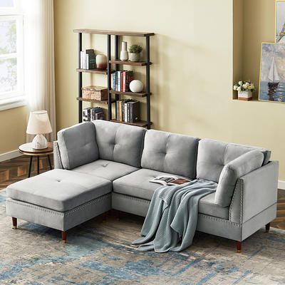 Sectional Sofa With Ottoman, Aukfa Reversible Corner Couch, Velvet  Upholstered L Shaped 3 Seater Couch Sofa Bed With Nail Head And Armrest For  Living Room Bedroom – Grey – Yahoo Shopping Regarding 3 Seat Sofa Sectionals With Reversible Chaise (View 16 of 20)