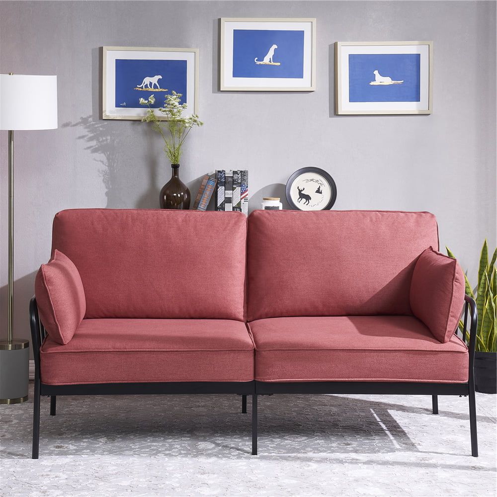 Small Spaces Sofa, Mid Century Modern Linen Loveseat Sofa, Upholstered Sofa  With Metal Frame And 2 Pillows, Red Fabric Loveseat Sofa Couch For Living  Room And Office, 72.4"lx (View 16 of 20)