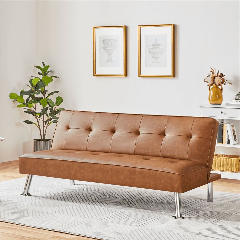 Smilemart Convertible Tufted Faux Leather Futon Sofa Bed With Chrome Metal  Legs, Brown – Walmart With Chrome Metal Legs Sofas (Gallery 9 of 20)