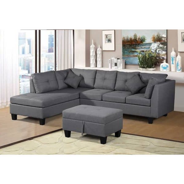 Sumyeg 79.6 In. 3 Piece Modern Fabric L Shaped Chaise Lounge Sectional Sofa  Set For Living Room In Grey With Storage Ottoman Sy W03002 – The Home Depot For Sofa Set With Storage Tray Ottoman (Gallery 13 of 20)