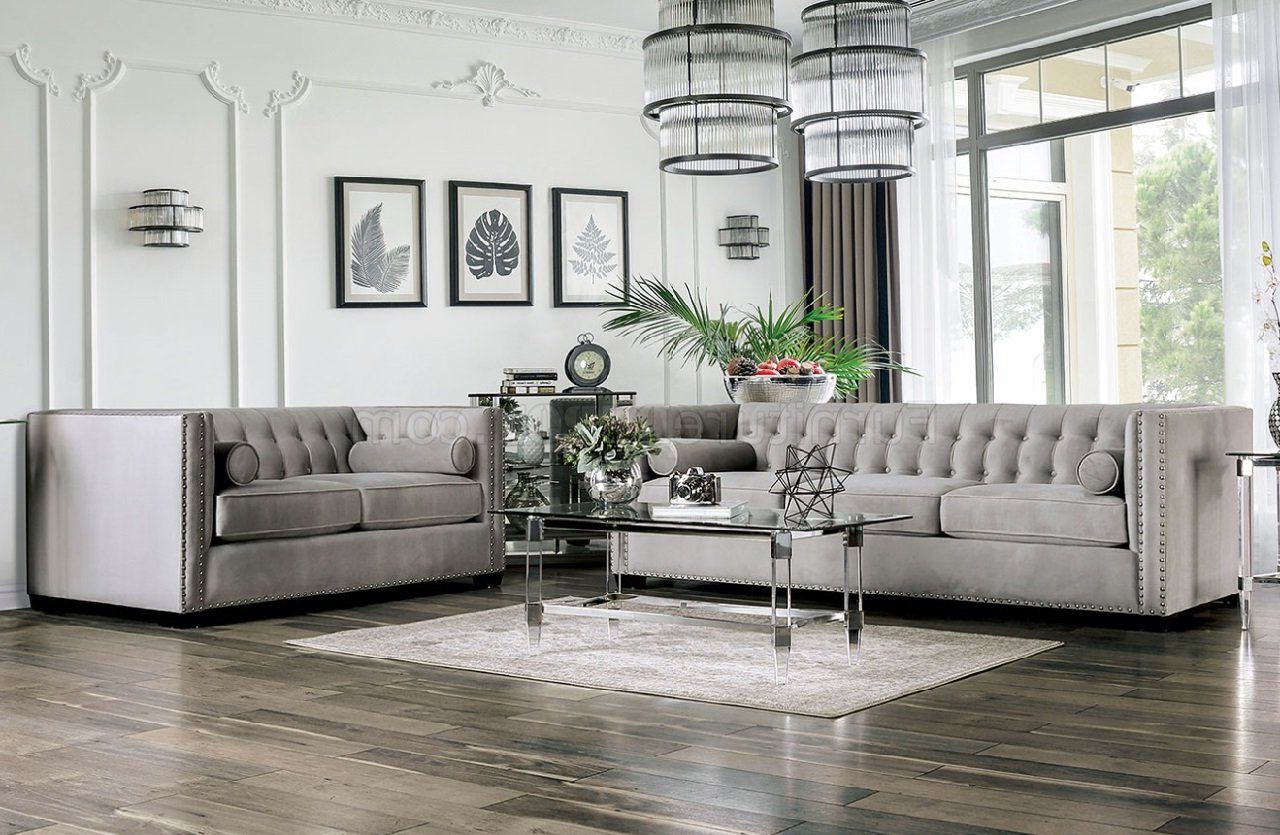 Tufted Light Gray Velvet Sofa Elliot | Euroclassicfurniture For Light Gray Velvet Sofas (View 4 of 20)