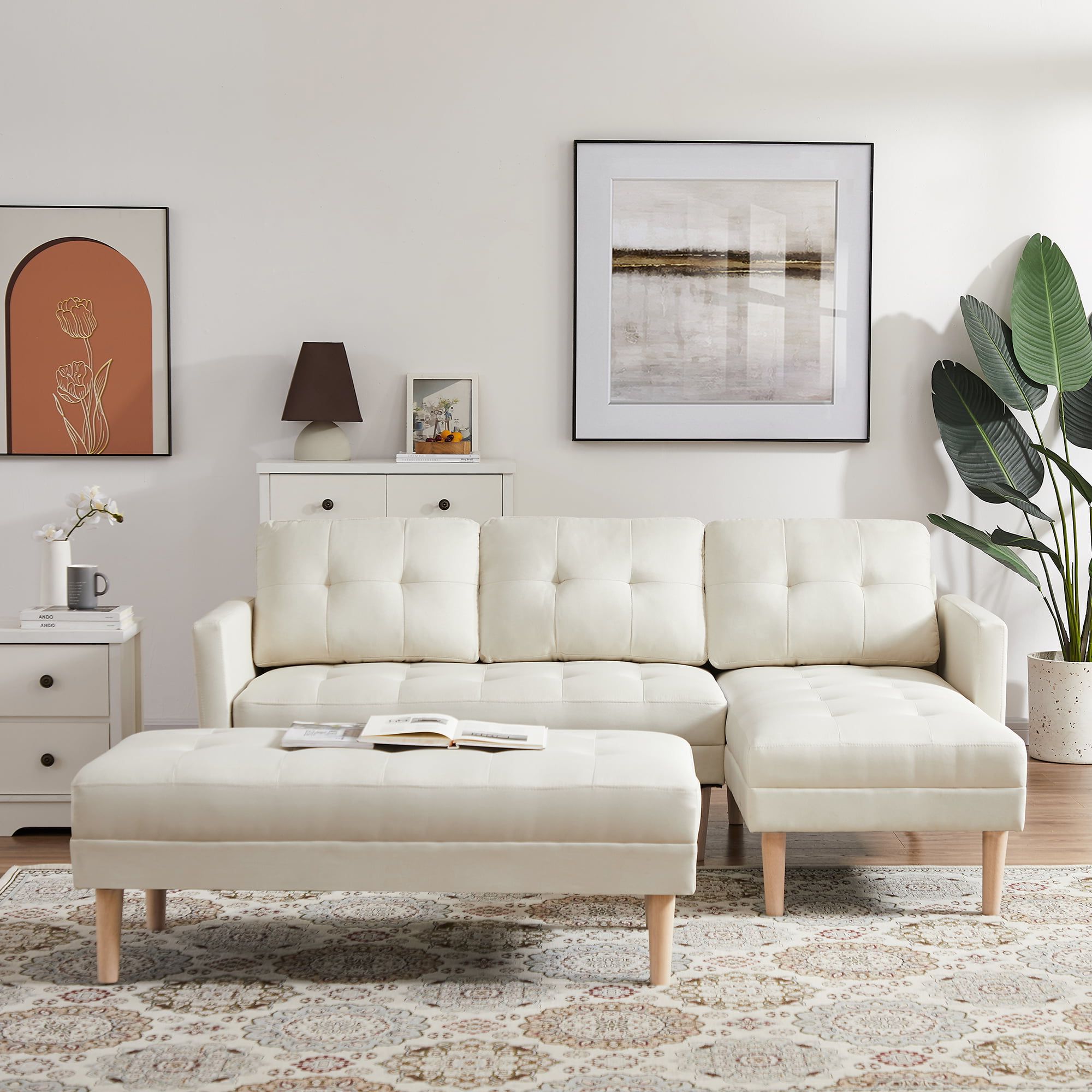 Uhomepro Sectional Sofa Set With Reversible Chaise, Ottoman, Modern  Convertible Sofa, Faux Leather L Shaped Living Room Couches And Sofas For  Home, Beige – Walmart Throughout Reversible Sectional Sofas (Gallery 14 of 20)