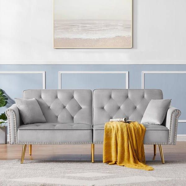 Urtr 76.7 In. Light Gray Velvet Upholstered Sleeper Sofa Love Seat Sofa  Couch Folding Futon Twin Size Sofa Bed With 2 Pillows Hy01488y – The Home  Depot With Light Gray Velvet Sofas (Gallery 16 of 20)