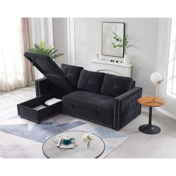 Z Joyee 91 In. Black Polyester Full Size 3 Seats Sectional Sofa Sofa Bed, 2 Seats  Sofa And Reversible Chaise With Storage F Fb857214886 – The Home Depot Inside 3 Seat Sofa Sectionals With Reversible Chaise (Gallery 4 of 20)